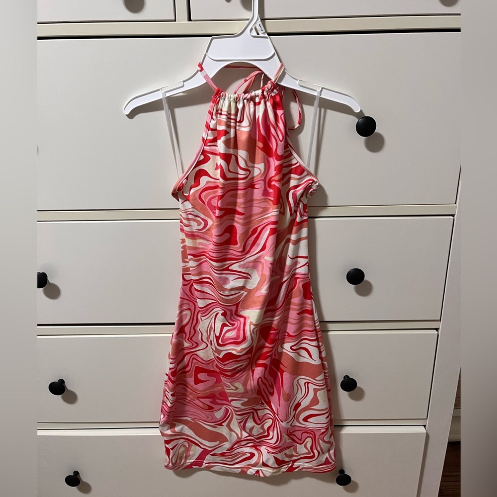SHEIN Pink and Red Swirl Mini Dress